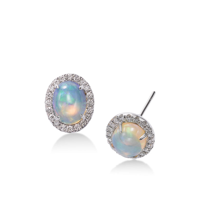 Oval Cabochon Opal and Diamond Halo Earrings, 14K White Gold