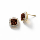Square Garnet and Diamond Halo Earrings, 14K Yellow Gold