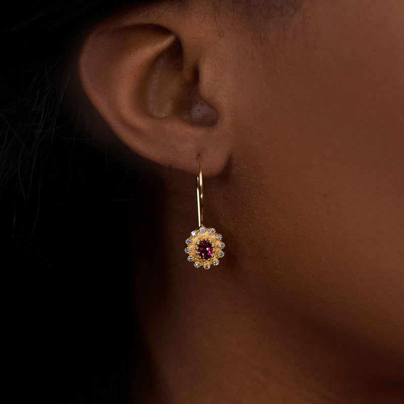 Pink Tourmaline and Diamond Drop Earrings, 14K Yellow Gold