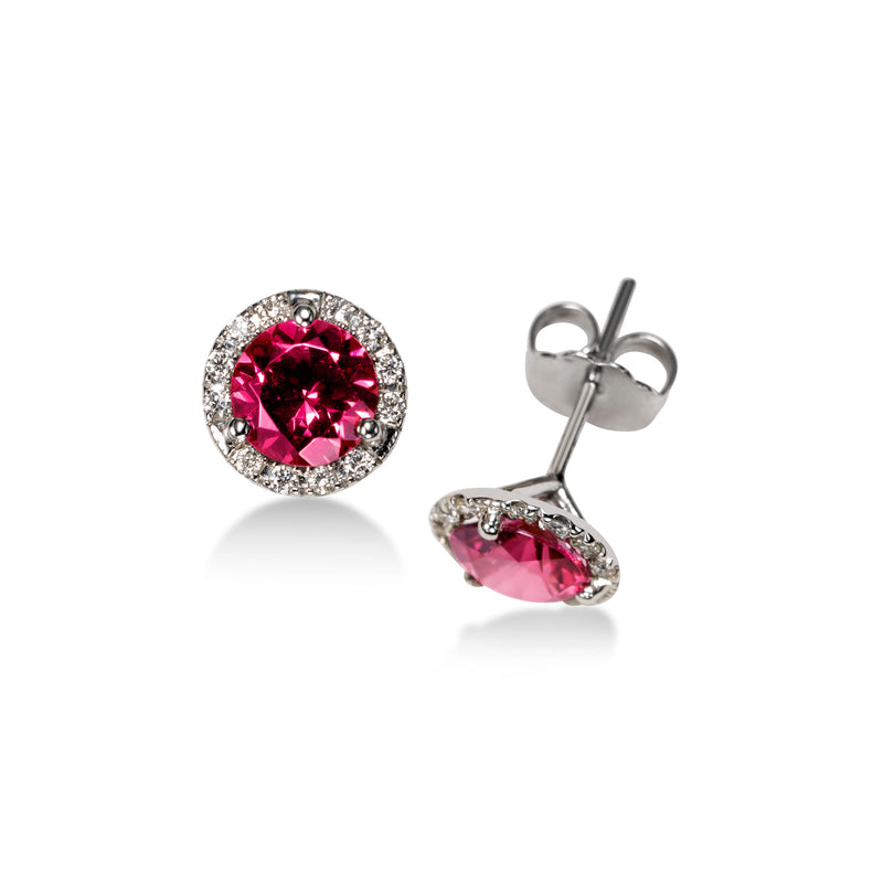 Rhodolite and Diamond Halo Stud Earrings, 14K White Gold