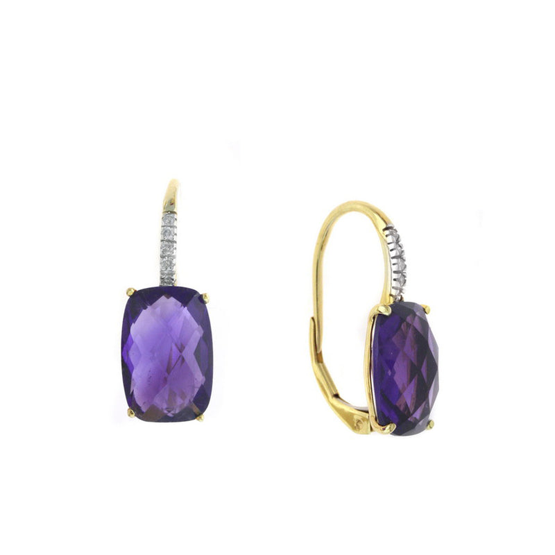 Rectangular Amethyst and Diamond Drop Earrings, 14 Karat Gold
