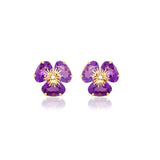 Amethyst Flower Pansy Earrings, 18K Yellow Gold