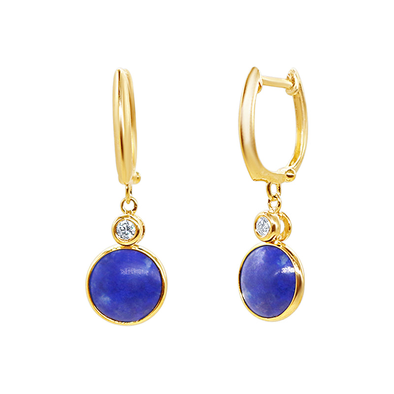 Lapis and Diamond Drop Hoop Earrings, 14K Yellow Gold