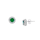 Emerald and Diamond Halo Stud Earrings, 14K White Gold