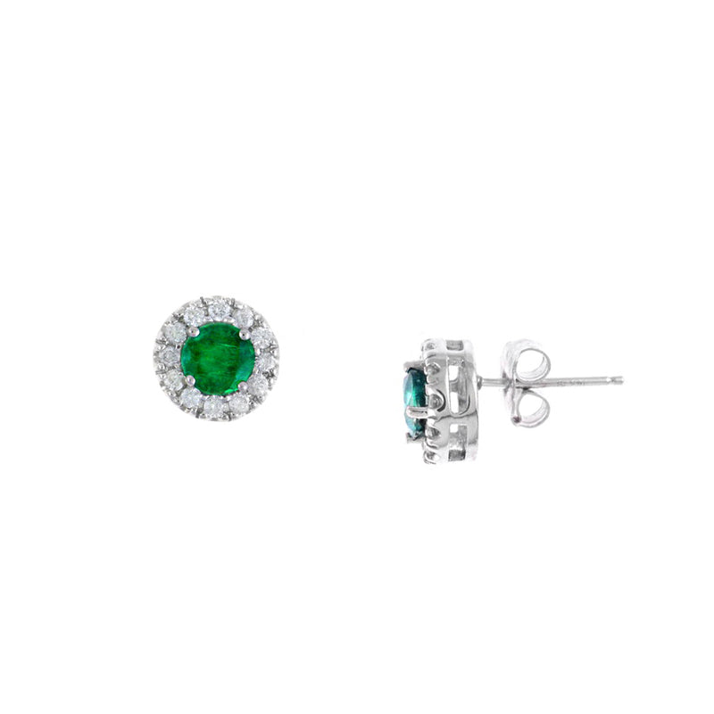 Emerald and Diamond Halo Stud Earrings, 14K White Gold