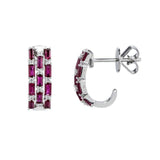 Baguette Ruby and Diamond Half Hoop Earrings, 18K White Gold