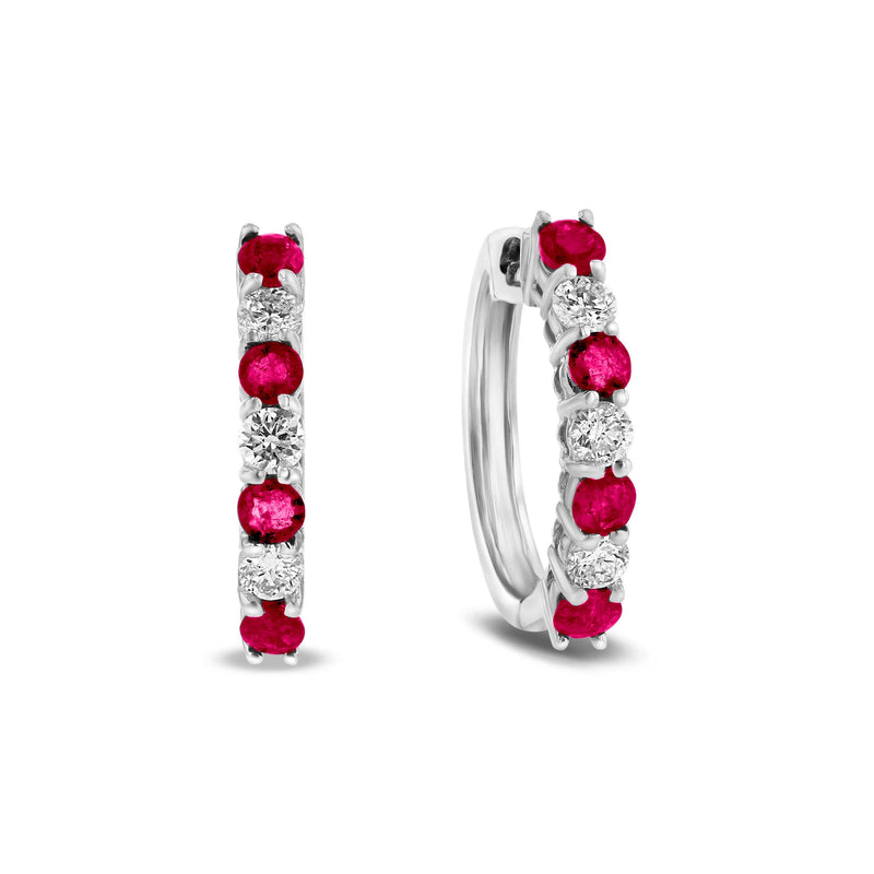 Ruby and Diamond Hoop Earrings, 14K White Gold