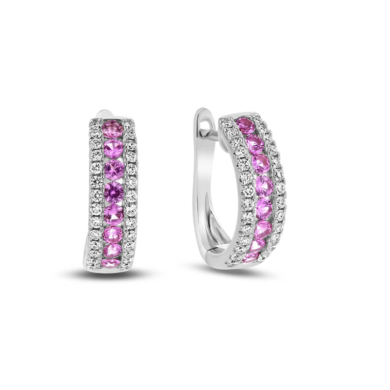 Pink Sapphire and Diamond Hoop Earrings, 18K White Gold
