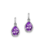 Pear Shape Amethyst and Diamond Drop Earrings, 14K White Gold