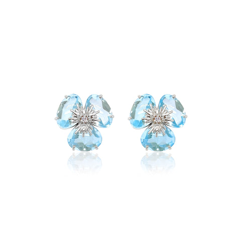 Blue Topaz Flower Pansy Earrings, 18K White Gold