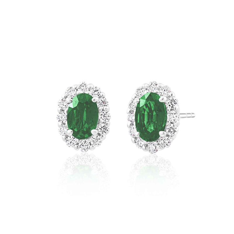 Oval Emerald and Diamond Earrings, 14K White Gold