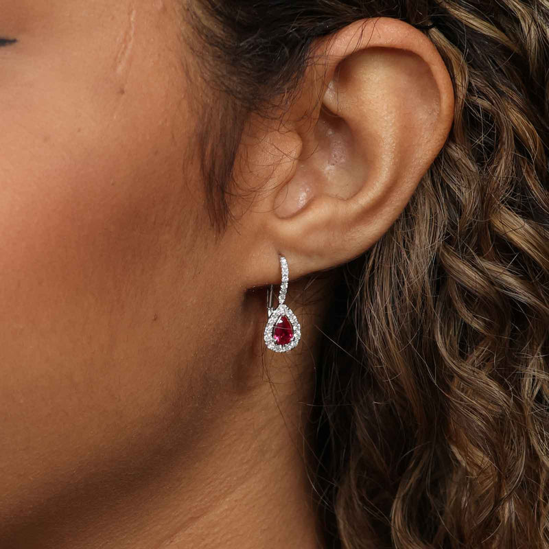 Pear Shape Ruby and Diamond Halo Earrings, 18K White Gold