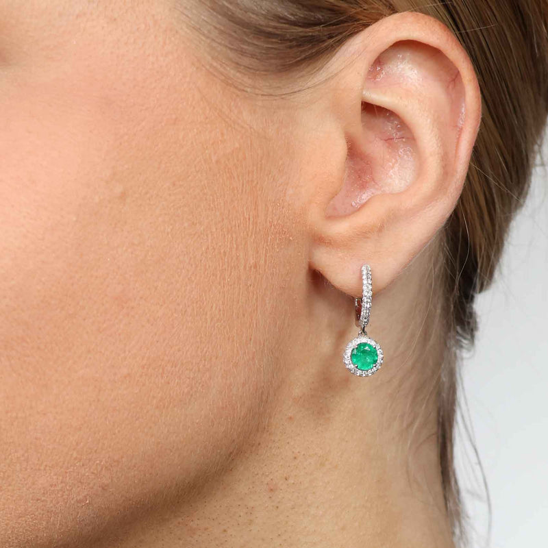 Round Emerald and Diamond Drop Earrings, 14K White Gold