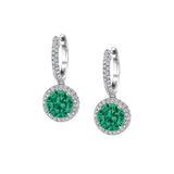 Round Emerald and Diamond Drop Earrings, 14K White Gold