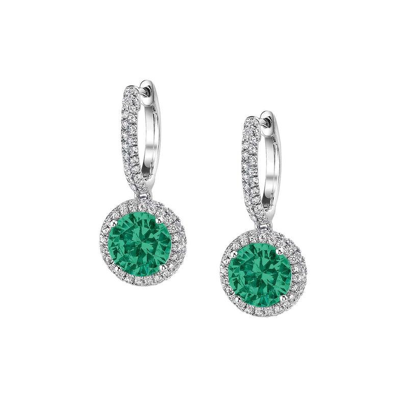 Round Emerald and Diamond Drop Earrings, 14K White Gold