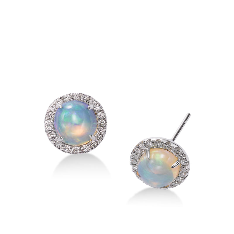 Round Cabochon Opal and Diamond Halo Button Earrings, 14K White Gold