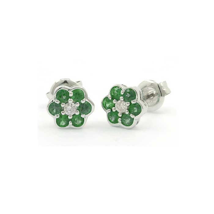 Emerald and Diamond Flower Earrings, 14K White Gold
