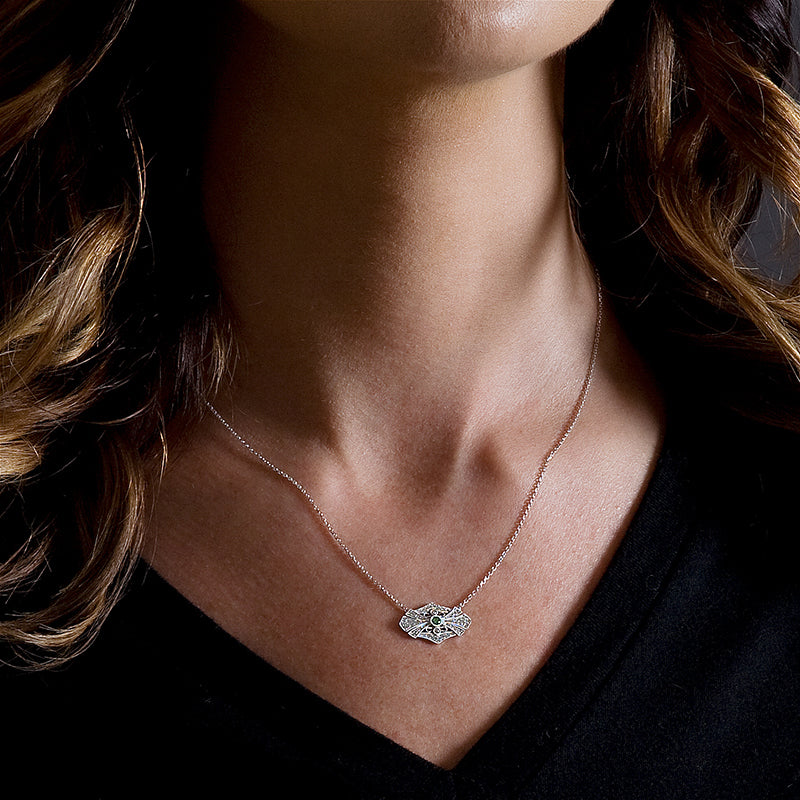 Vintage Style Diamond Center Necklace, 14K White Gold