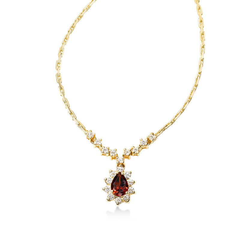 Pear Shape Garnet and Diamond Necklace, 14K Yellow Gold