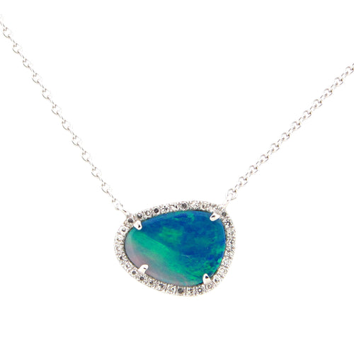 Black Opal and Diamond Halo Necklace, 14K White Gold