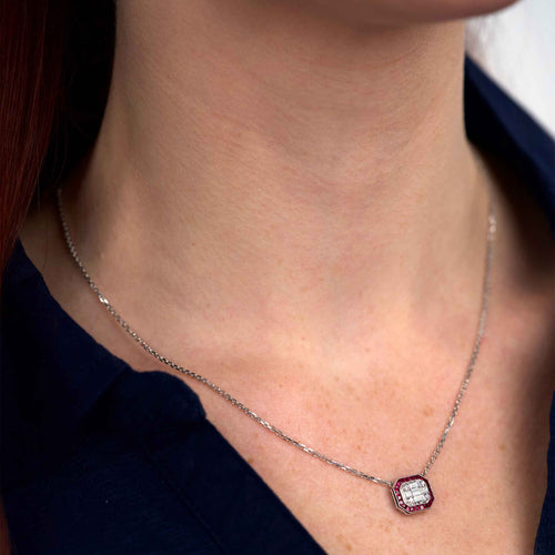 Deco Style Blue Sapphire and Diamond Pendant, 18K White Gold