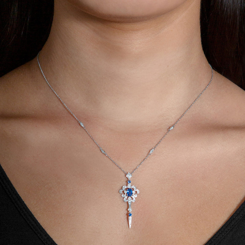 Vintage Style Sapphire and Diamond Necklace, 14K White Gold