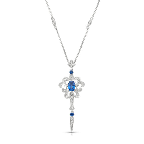 Vintage Style Sapphire and Diamond Necklace, 14K White Gold