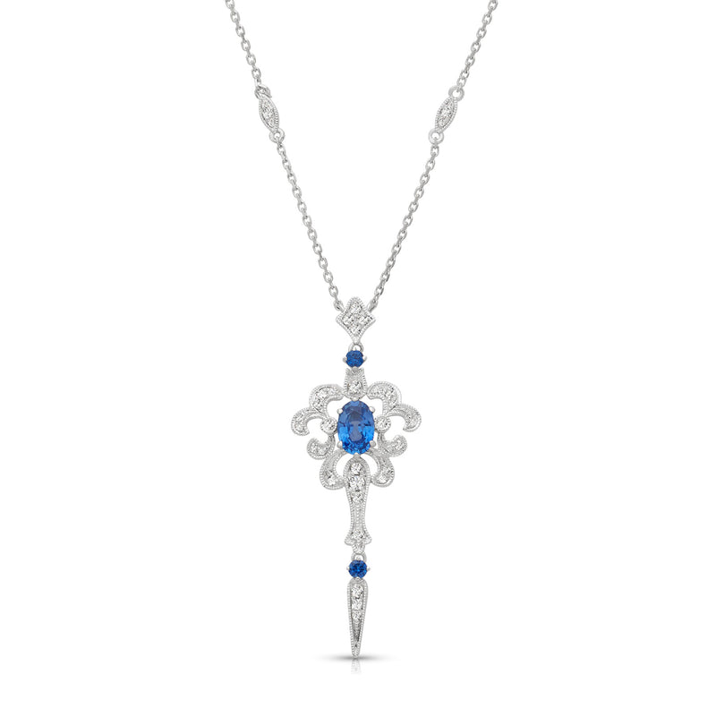 Vintage Style Sapphire and Diamond Necklace, 14K White Gold