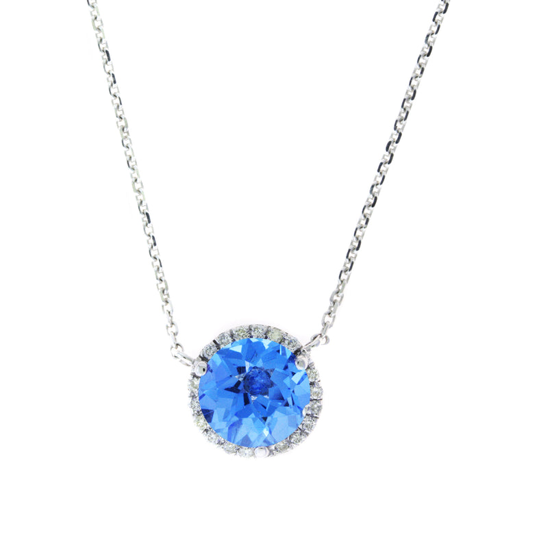 Round Blue Topaz and Diamond Halo Necklace, 14K White Gold