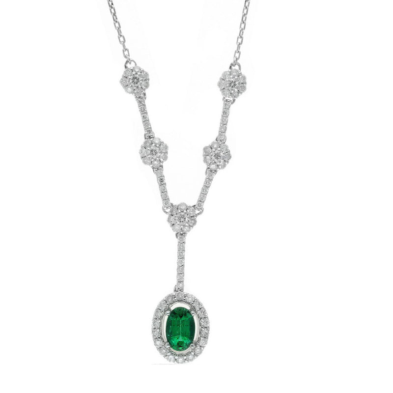 Oval Emerald and Diamond Cluster Necklace, 14K White Gold