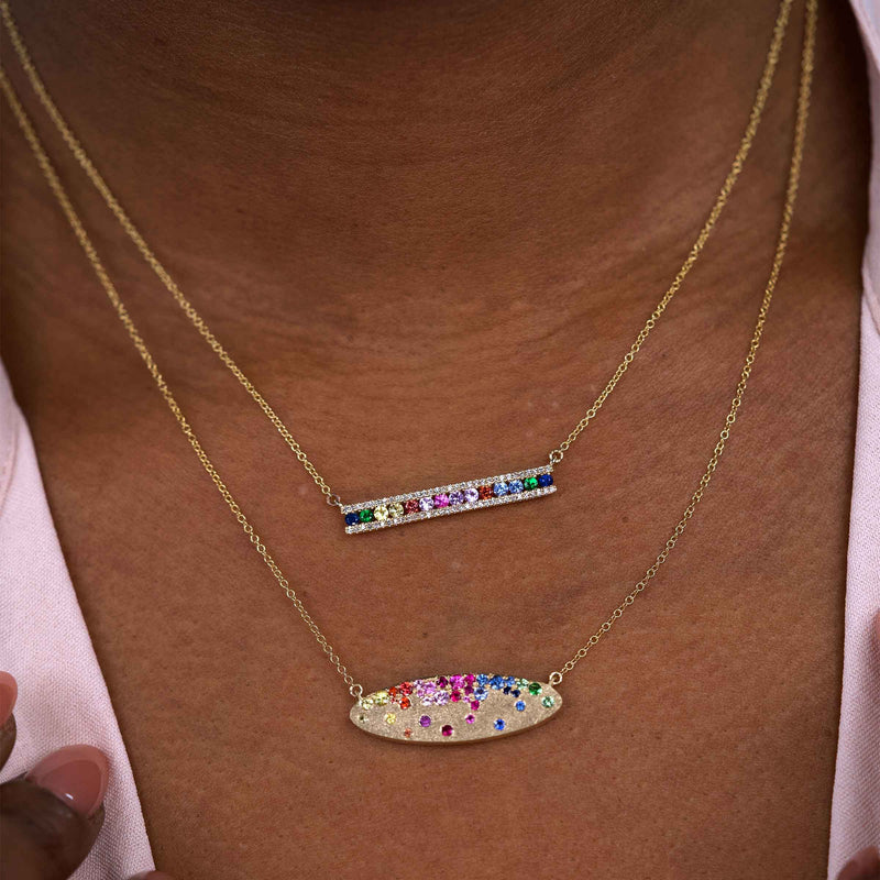 Rainbow Gemstone Bar Necklace, 14K Yellow Gold