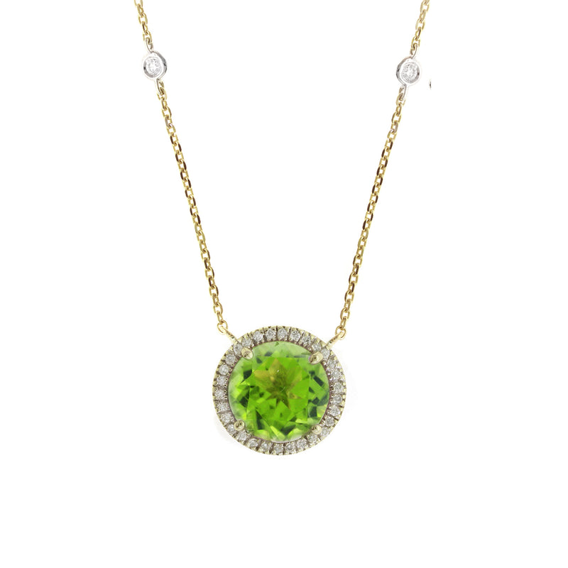 Round Peridot And Diamond Necklace, 14K Yellow Gold