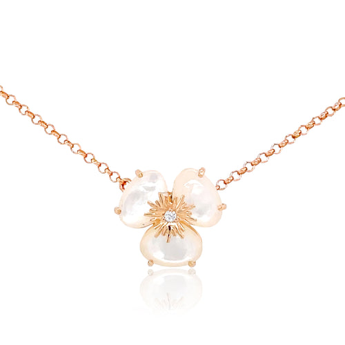 White Quartz Flower Pansy Necklace, 18K Rose Gold
