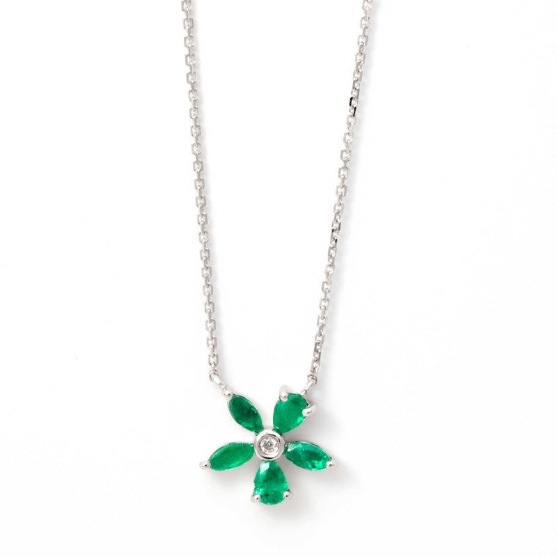 Emerald Flower Necklace, 14K White Gold