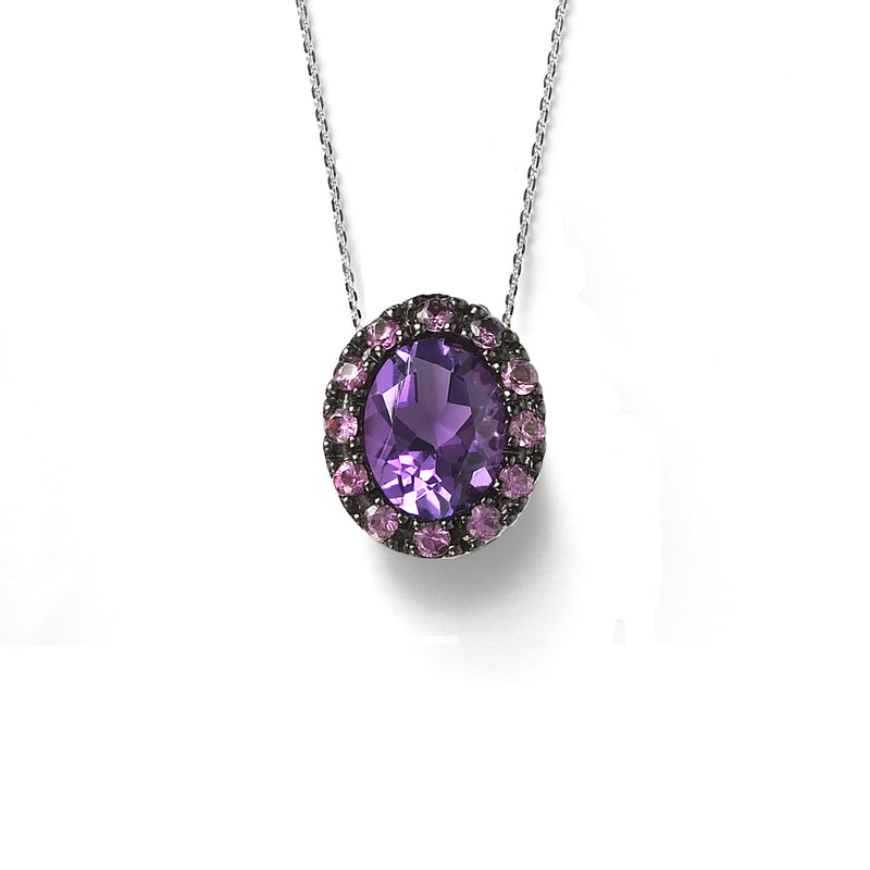 Oval Amethyst and Pink Sapphire Pendant, Black Rhodium, 14K White Gold