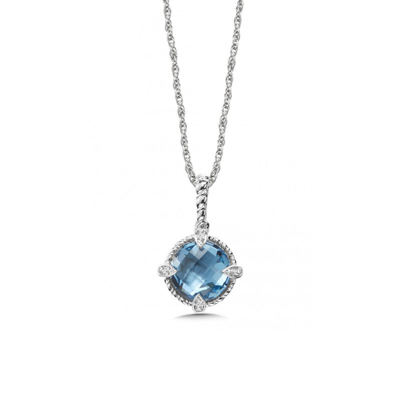 Round Blue Topaz and Diamond Pendant, Sterling Silver
