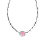 Pink Tourmaline and Diamond Halo Pendant, 14K White Gold, on Silver Chain