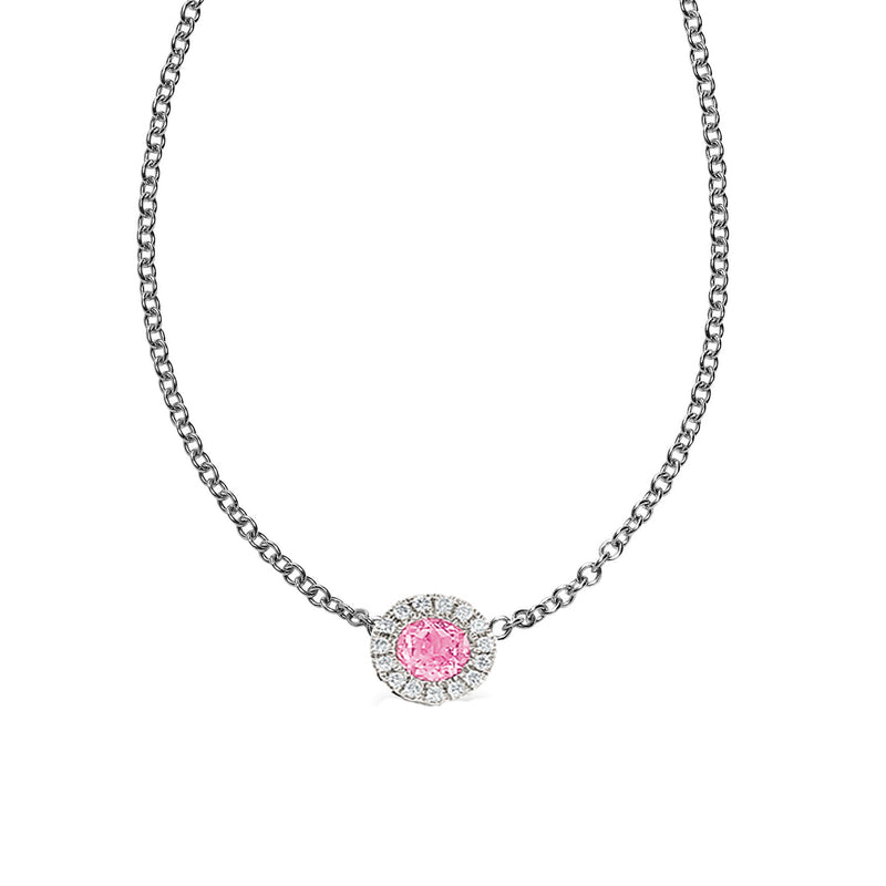 Pink Tourmaline and Diamond Halo Pendant, 14K White Gold, on Silver Chain