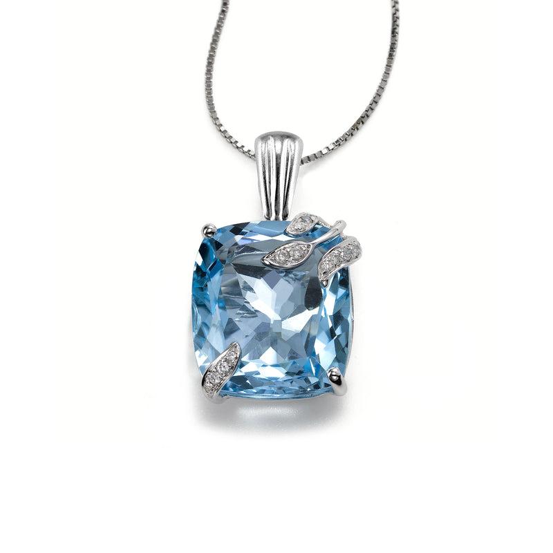 Leaf Design Blue Topaz and Diamond Pendant, 14K White Gold
