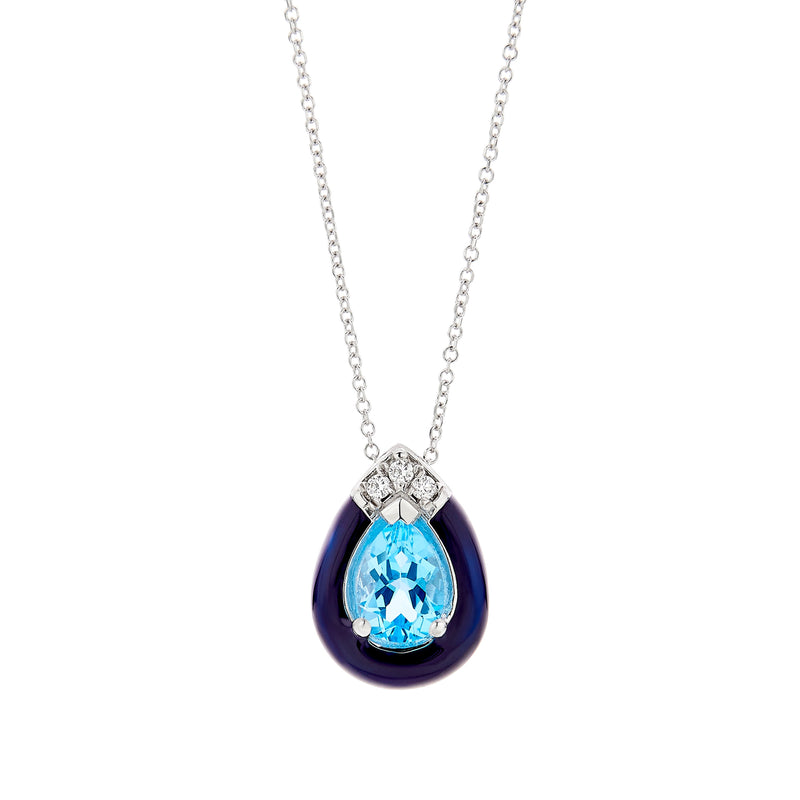 Blue Topaz with Black Enamel Frame Pendant, 18K White Gold
