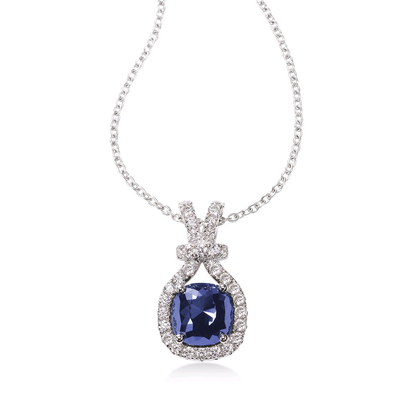 Cushion Shape Tanzanite and Diamond Pendant, 14K White Gold