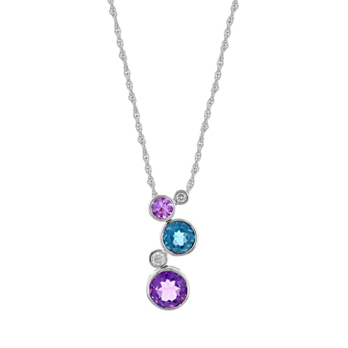 Bezel Set Amethyst, Blue Topaz and Diamond Pendant, 14K White Gold