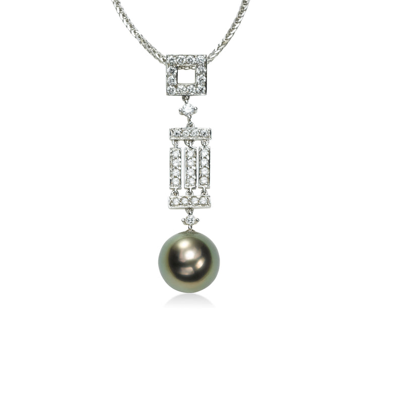 Deco Style Tahitian Cultured Pearl and Diamond Pendant, 18K White Gold