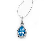 Pear Shape Blue Topaz and Diamond Halo Pendant, 14K White Gold