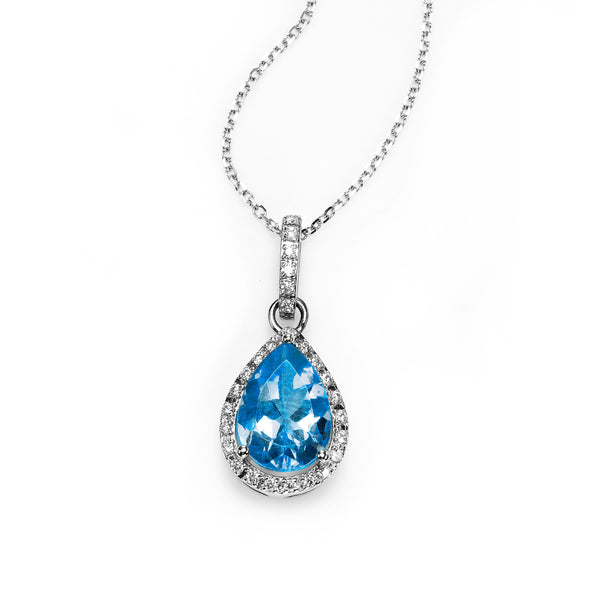 Pear Shape Blue Topaz and Diamond Halo Pendant, 14K White Gold