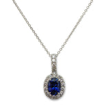 Oval Blue Sapphire and Diamond Halo Pendant, 18K White Gold