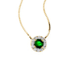 Round Emerald and Diamond Halo Pendant, 14K Yellow Gold