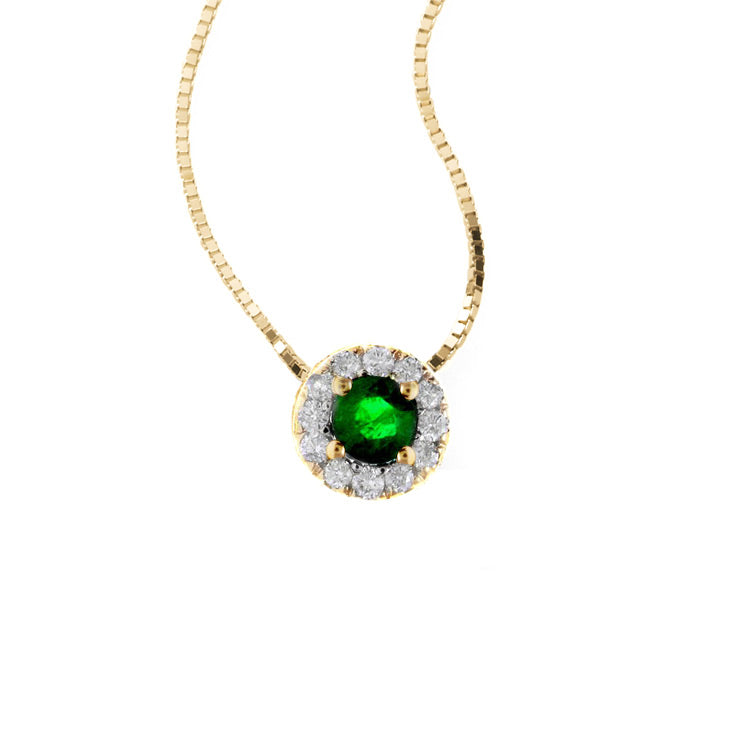 Round Emerald and Diamond Halo Pendant, 14K Yellow Gold