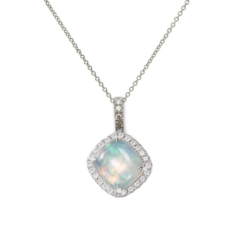 Cabochon Opal and Diamond Halo Pendant, 14K White Gold