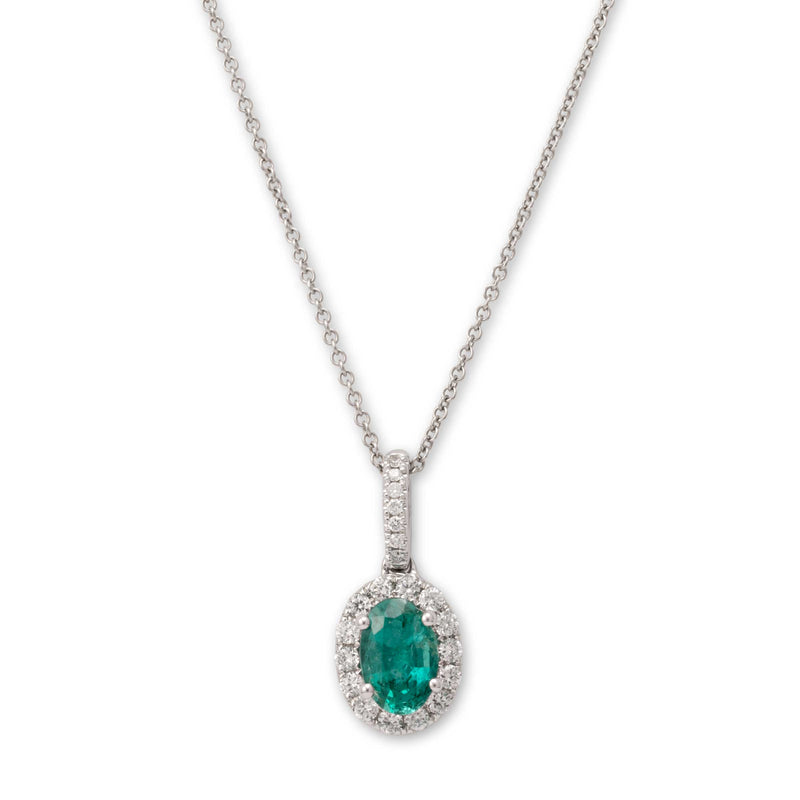 Emerald and Diamond Halo Pendant, 14K White Gold